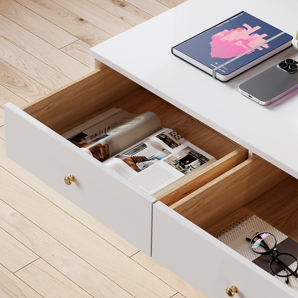 Modern White Floating Desk with Drawers Wall Mounted Desk in Pine Wood