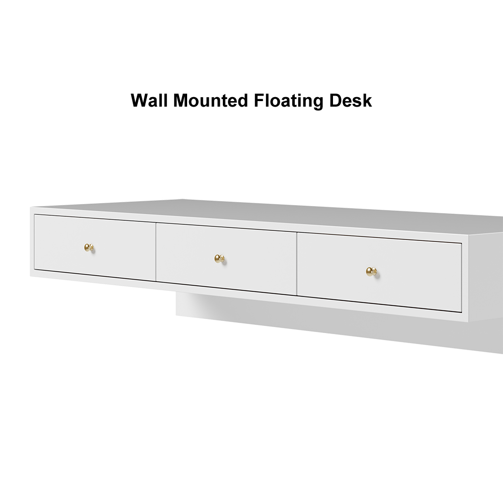 Modern White Floating Desk with Drawers Wall Mounted Desk in Pine Wood Frame Office Furniture
