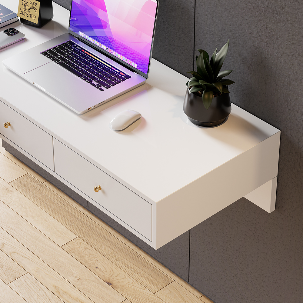 Modern White Floating Desk with Drawers Wall Mounted Desk in Pine Wood ...