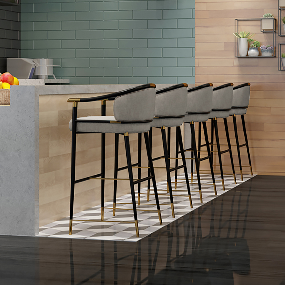 Modern Counter Height Bar Stool with Arms for Kitchen Island in Gray Upholstery Velvet Kitchen