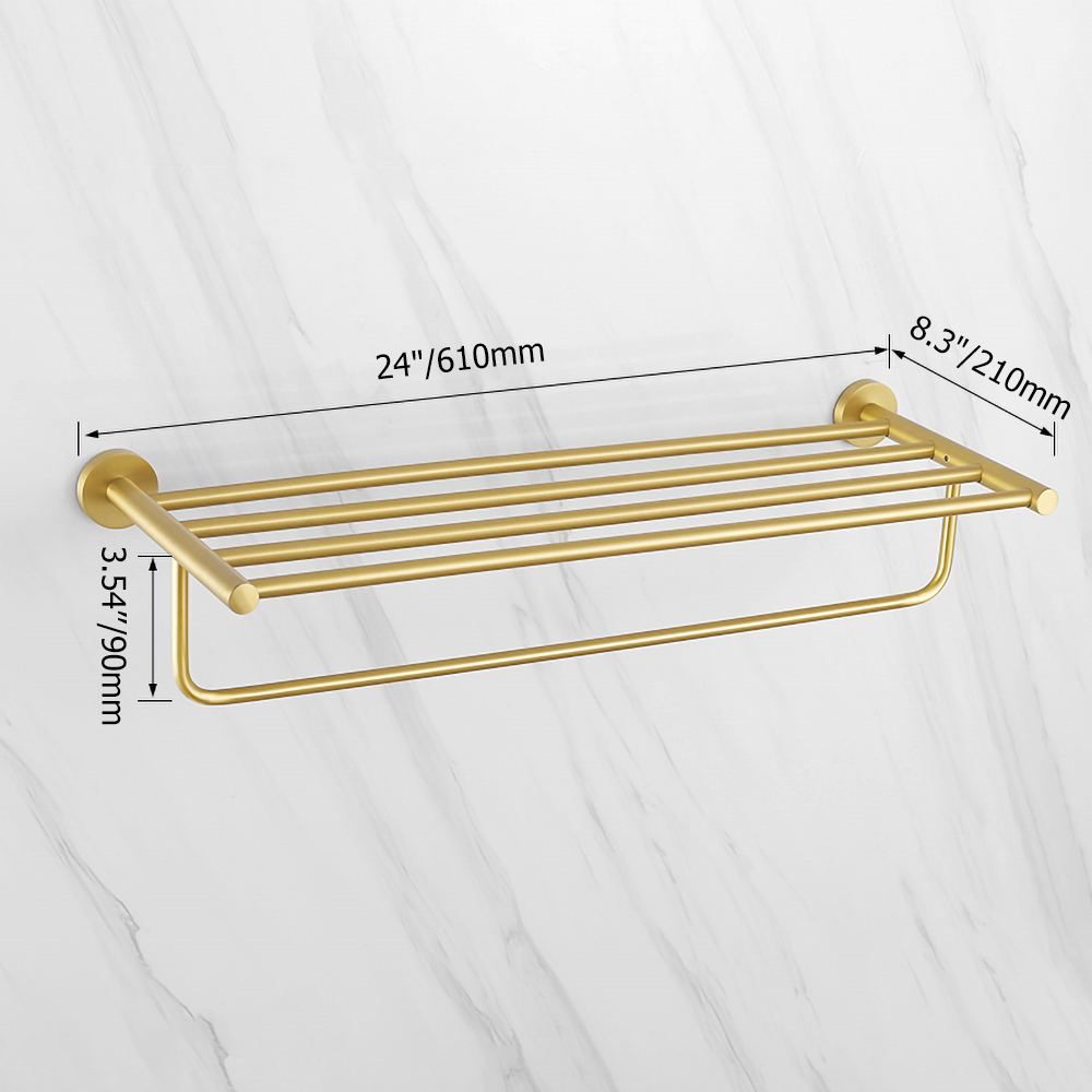 610mm Wall Mounted Brass Bathroom Shelf with Towel Rack in Brushed Gold