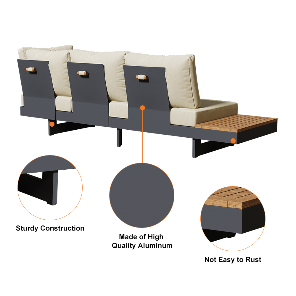 4 Pieces Modern L Shape Teak Wood Outdoor Sectional Sofa Set with ...