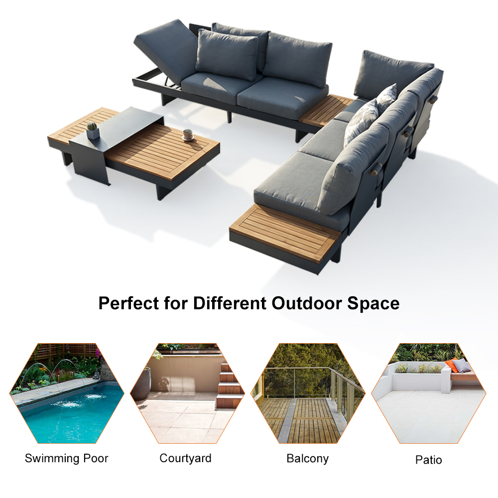 4 Pieces Modern L Shape Teak Outdoor Sectional Sofa Set with Wood