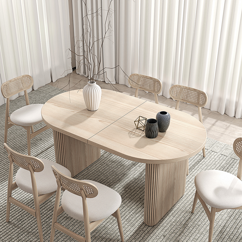 Japandi 63"-79" Oval Extendable Whitewash Dining Table Butterfly Leaf 8 ...