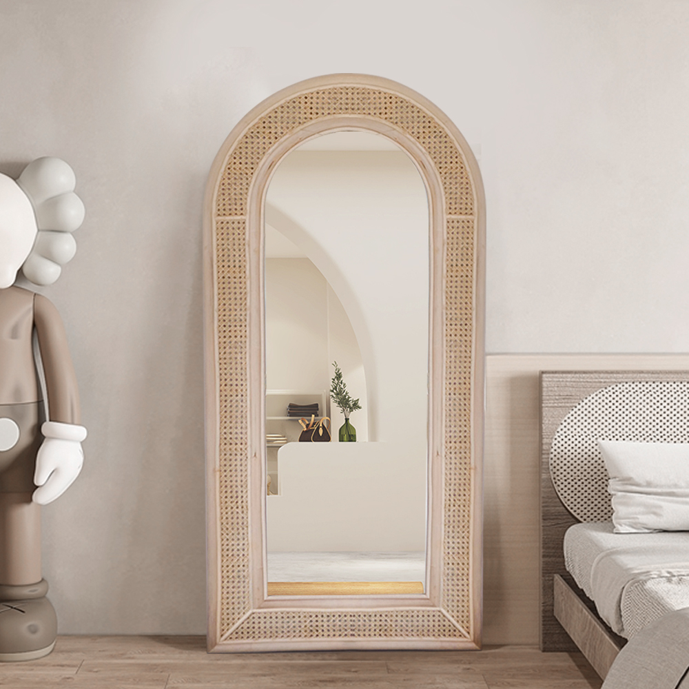 Boho Arch Full Length Floor Mirror Rattan Standing Mirror Wood Frame