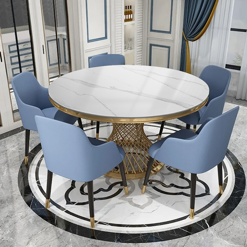 Modern 1300mm Round Dining Table Sintered Stone Tabletop Golden Stainless Steel Pedestal