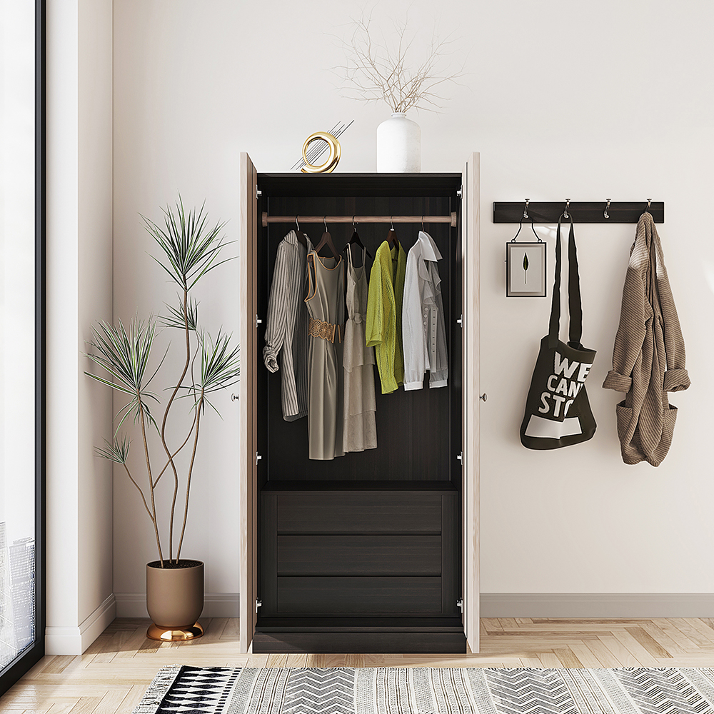 Japandi Washed White Wardrobe Closet Oak Veneer Armoire with 3 Drawers