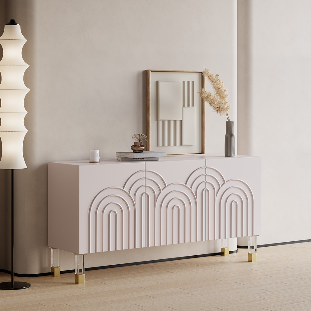 Pink Credenza Cabinet 3-Door Wavy Pattern Sideboard Acrylic Legs