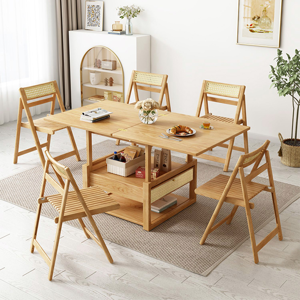 Japandi Wooden Folding Coffee Table Set Dining Table Rattan Nesting