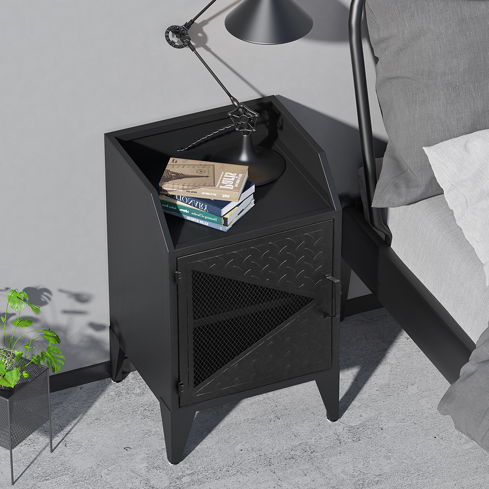 Industrial Black Metal Nightstand with Storage Bedside Table with Door