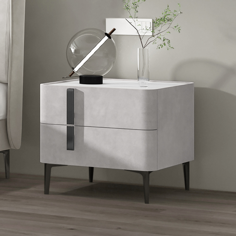Modern White Nightstand with Drawers & Sintered Stone Top Freestanding