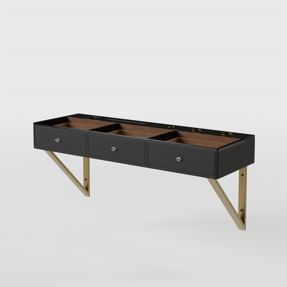 Modern Floating Black Makeup Vanity Tempered Glass Top Wall Mounted Beauty Station Bedroom