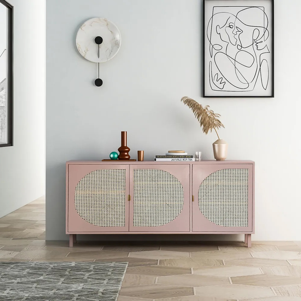 1600mm Japandi Rectangular Pink Rattan Sideboard Buffet 3 Doors Storage Cabinet Plywood