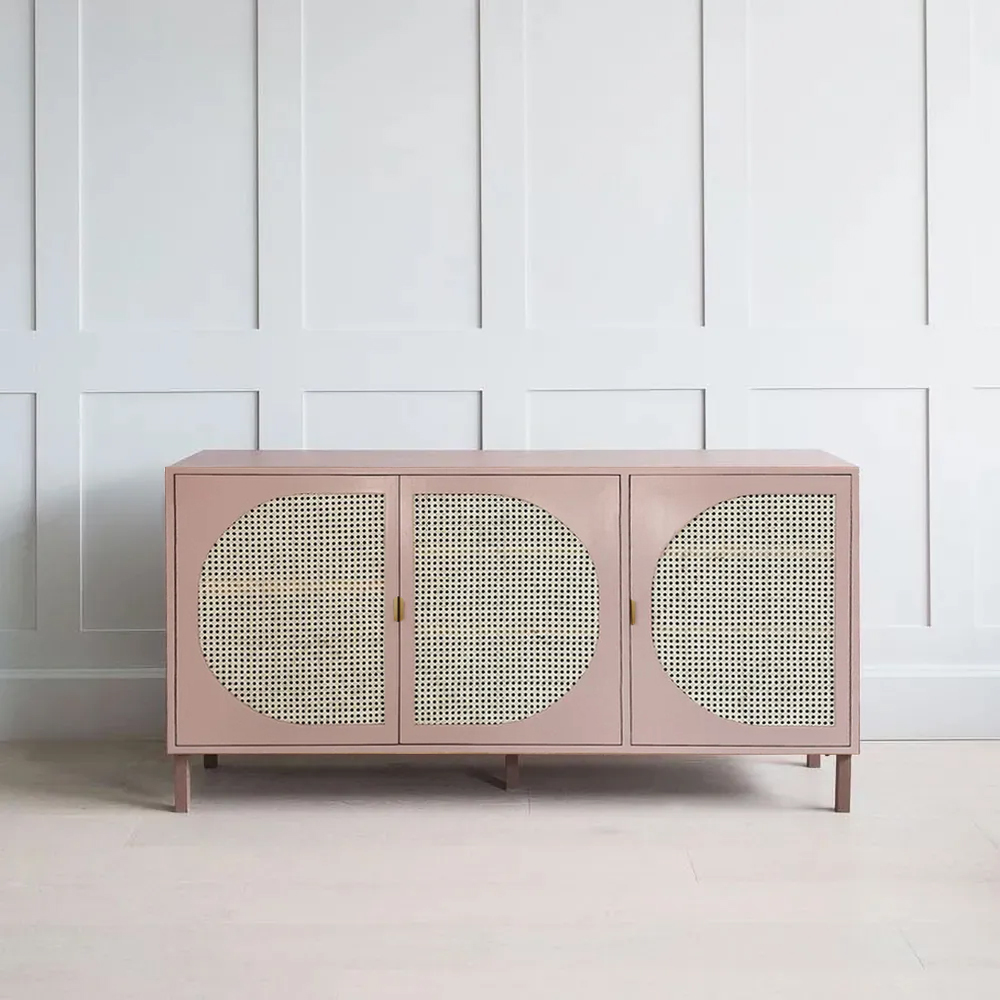 1600mm Japandi Rectangular Pink Rattan Sideboard Buffet 3 Doors Storage Cabinet Plywood