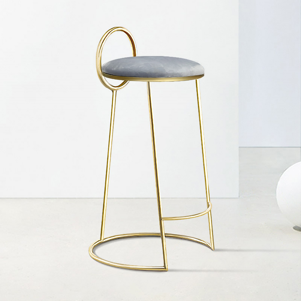 Modern Grey Velvet Counter Height Bar Stool with Low Back and Gold Legs