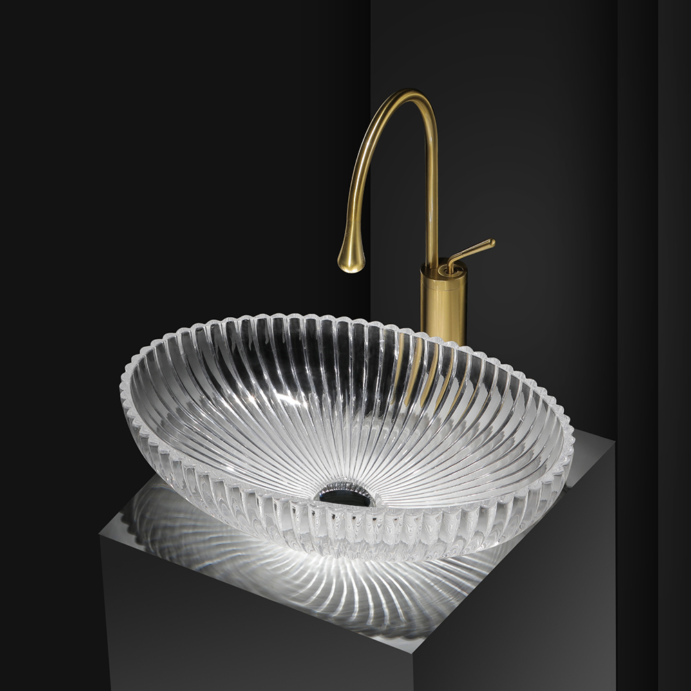 Modern Oval Clear Vessel Sink Transparent Crystal Glass Bathroom Wash Sink with Drain Bathroom