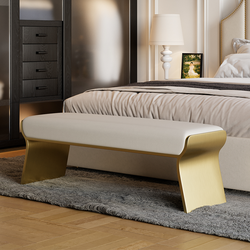 Beige Modern Stainless Steel Bench Leath-Aire Upholstered Bedroom Long Bench
