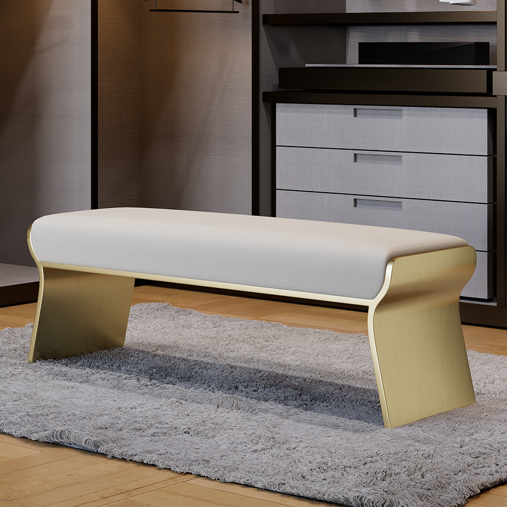 Beige Modern Stainless Steel Bench Leath-Aire Upholstered Bedroom Long Bench