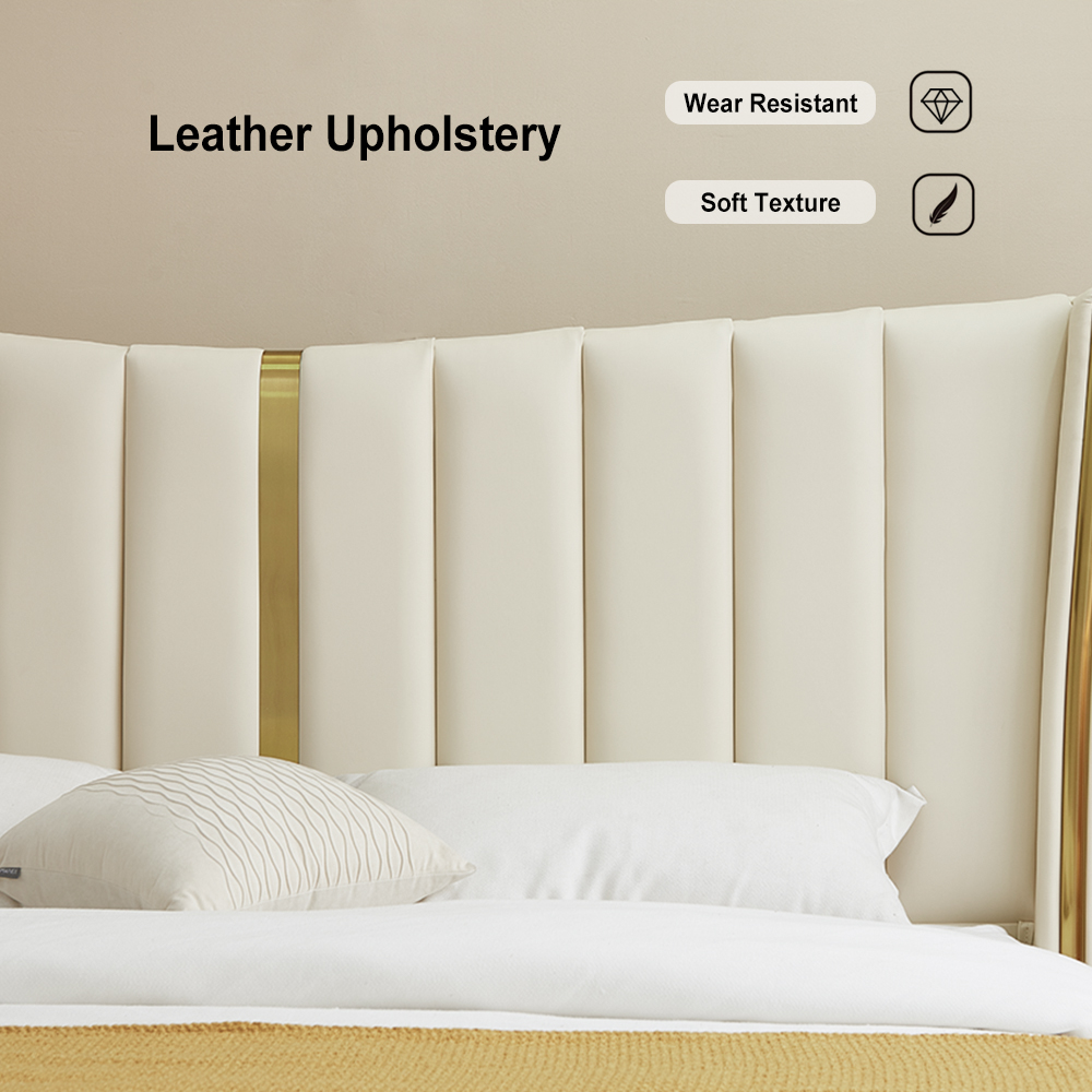 Modern Beige King Size Bed Wingback Headboard Leather Upholstery & Gold