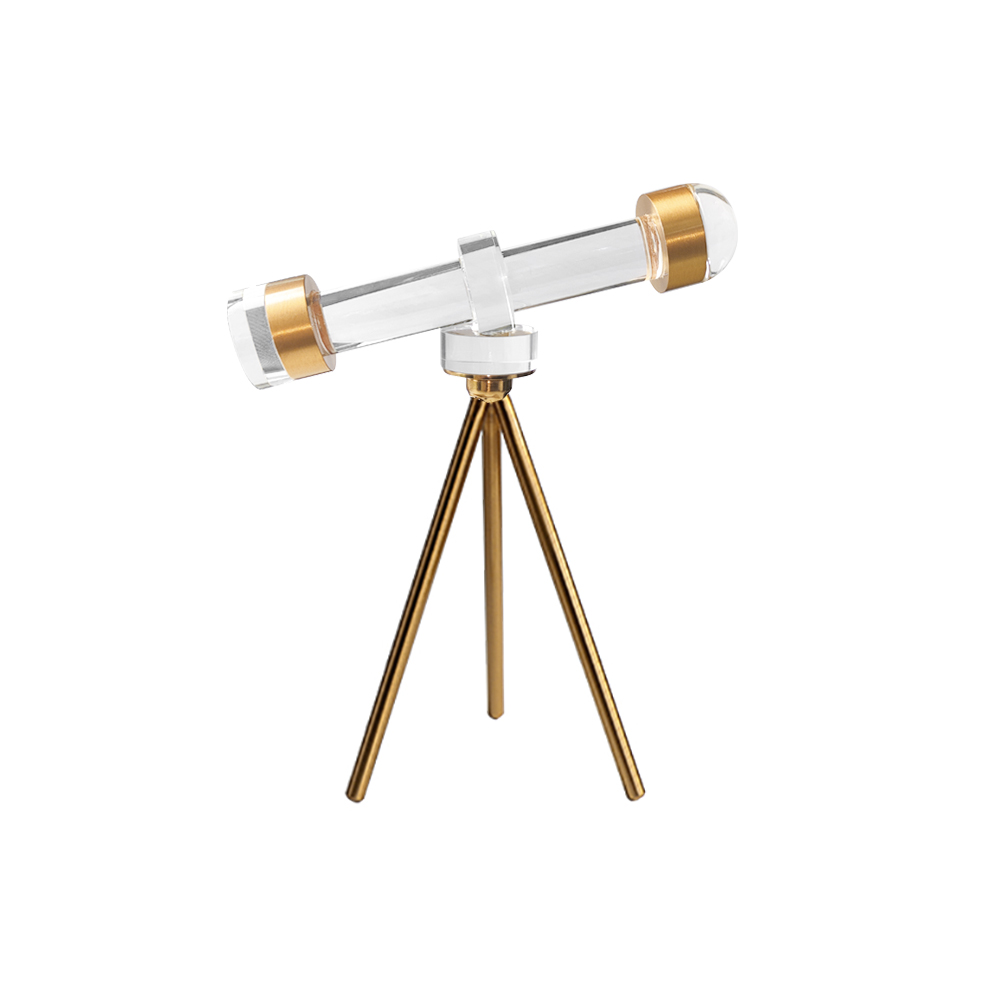 Modern Crystal Telescope Sculpture Ornament Art Decor with Gold Metal Tripod Stand Home