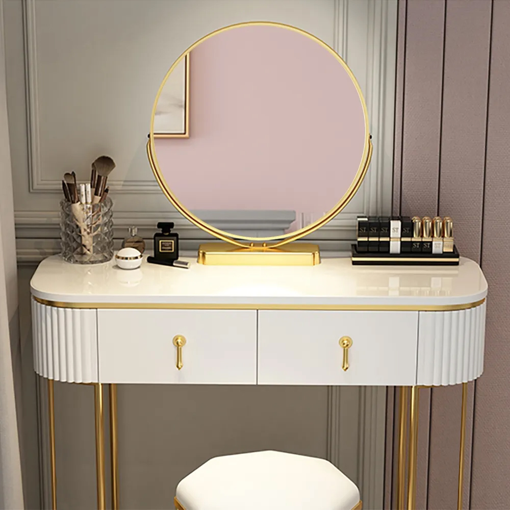 Pursorr Nordic White Oval Makeup Vanity with Rotatable Mirror & Nesting Stool