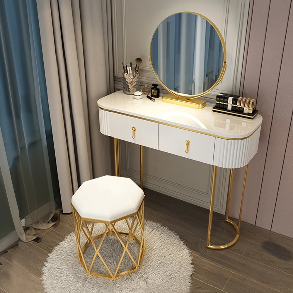 Nordic White Oval Glossy Makeup Vanity with 2 Drawers & Rotatable Mirror & Stool