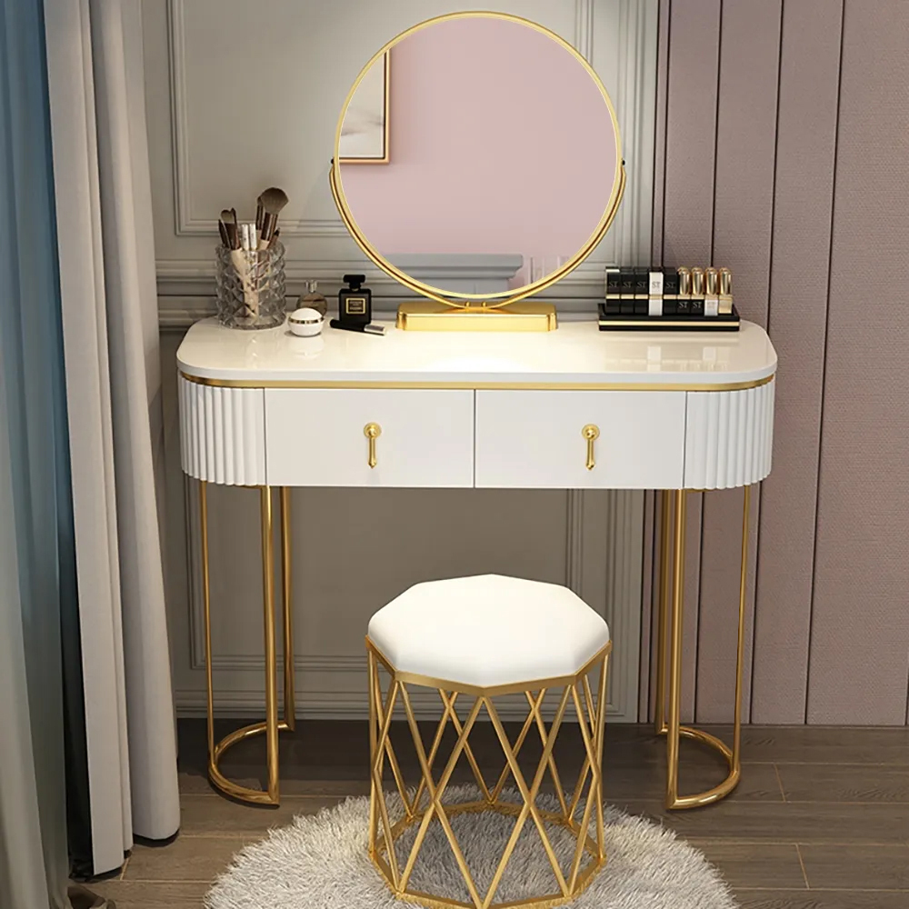 Pursorr Nordic White Oval Makeup Vanity with Rotatable Mirror & Nesting Stool