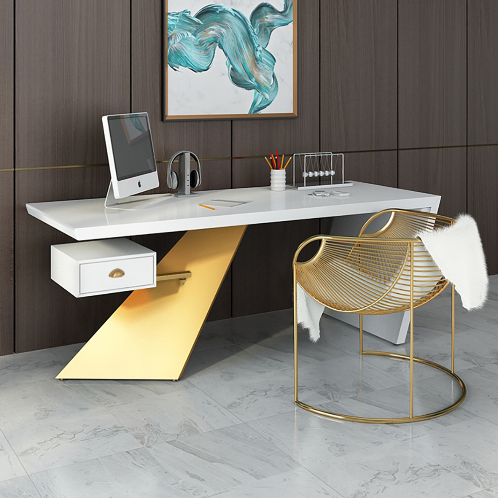 Escritorio de oficina moderno de 63 «con escritorio de cajón con diseño abstracto en blanco y dorado