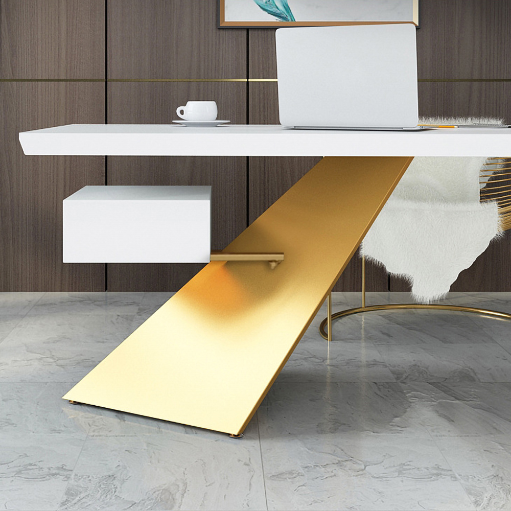 Escritorio de oficina moderno de 63 «con escritorio de cajón con diseño abstracto en blanco y dorado