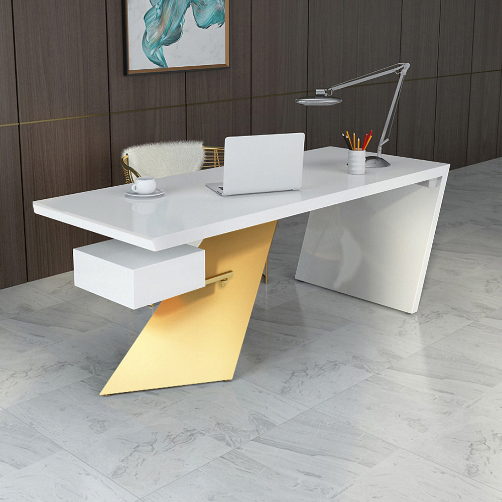 1600mm Modern Office Desk with Drawer Writing Desk with Abstract Design in White & Gold