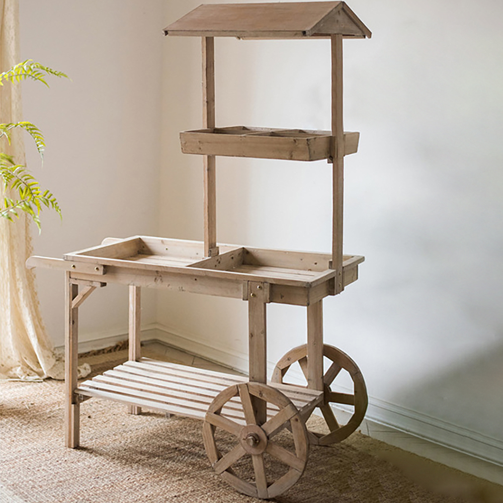 

Natural Solid Wood Garden Cart Display Plant Stand Potting Bench