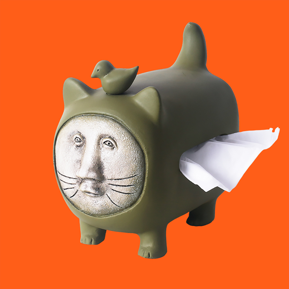 Adorable Cat Figurine Pull Out Tissue Box With Cover Back Opening