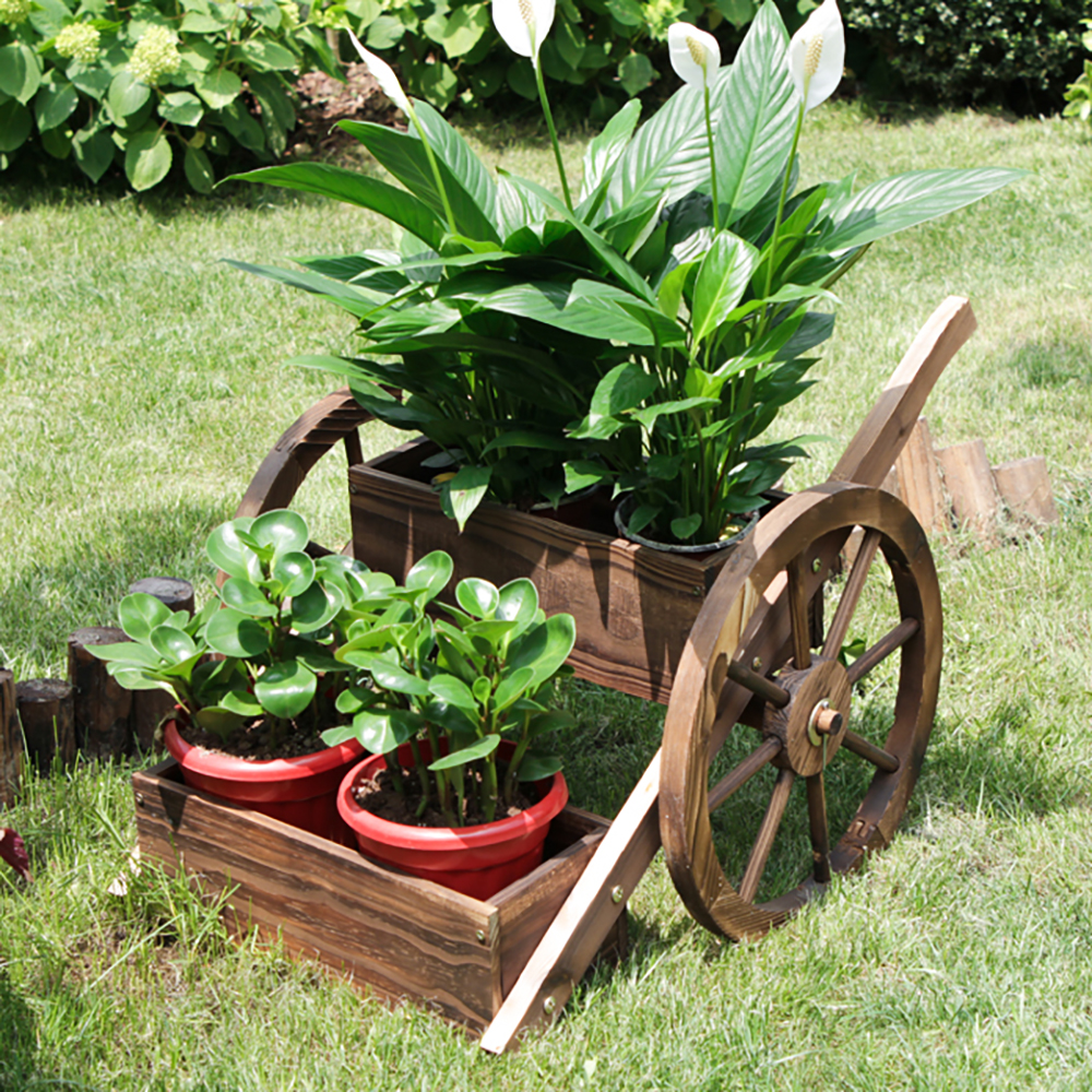 2 Boxes Wooden Planter Flower Stand Wheelbarrow Plant Raised Box