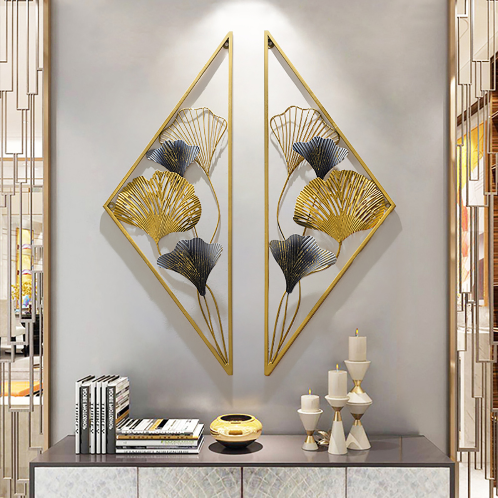 Image of 2 Pieces Metal Triangular Wall Decor Hollow-out Ginkgo Leaves Floral Art