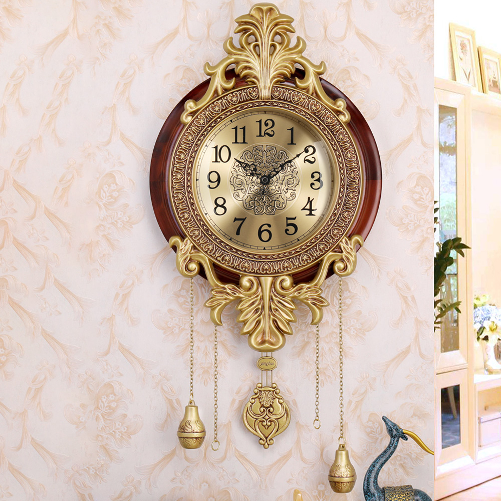 

European Pastoral Style Pure Copper Wall Clock with Red Wooden Frame