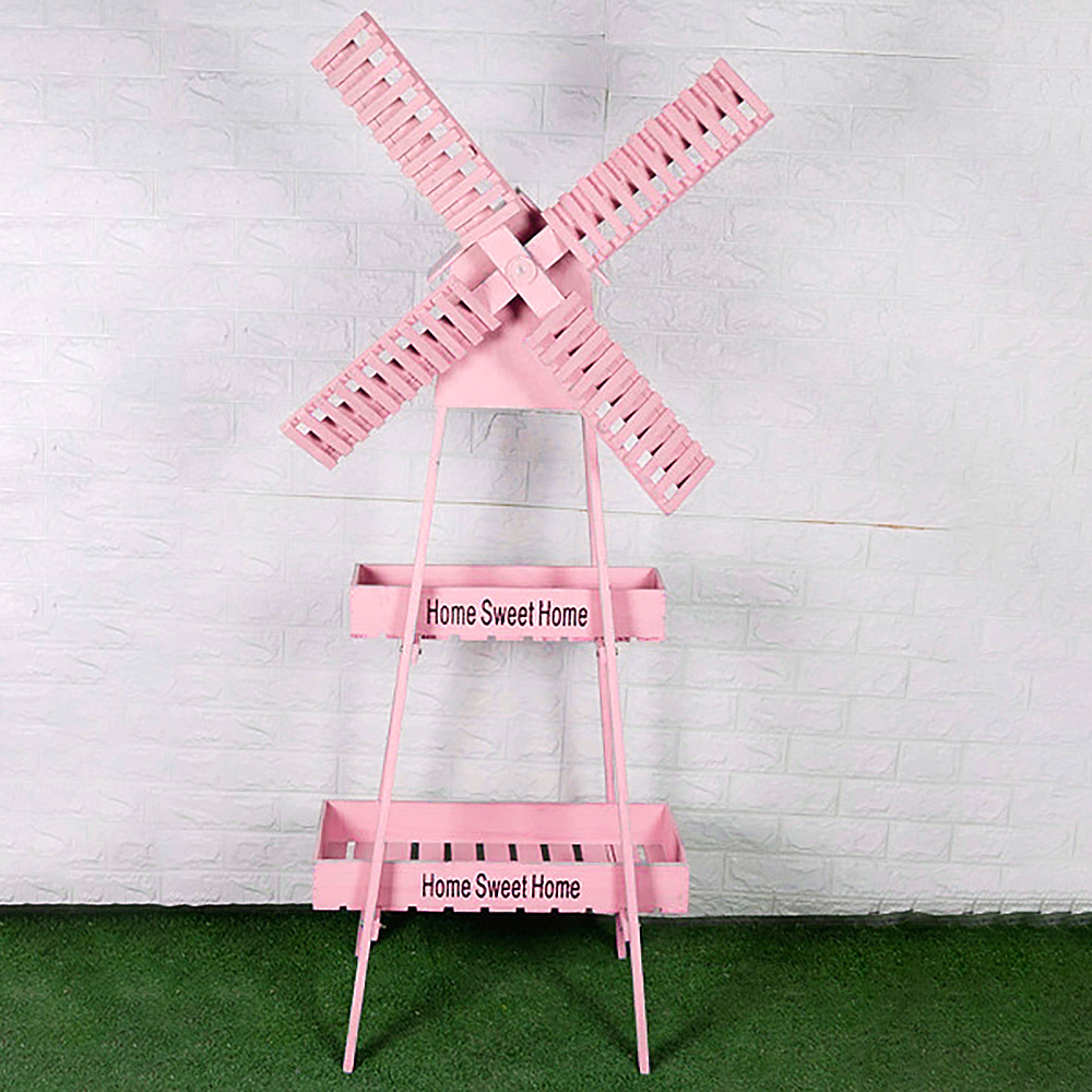 Pink Windmill Wooden Plant Stand 2 Shelves Garden Ourdoor Decor