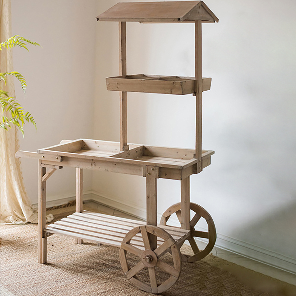Image of Natural Solid Wood Garden Cart Display Plant Stand Potting Bench