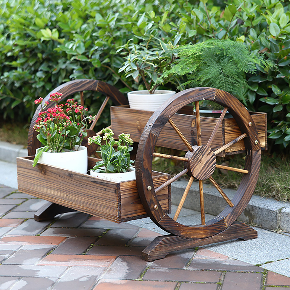 Retro Wooden Plant Stand Wheels Outdoor Flower Pot Display Stand