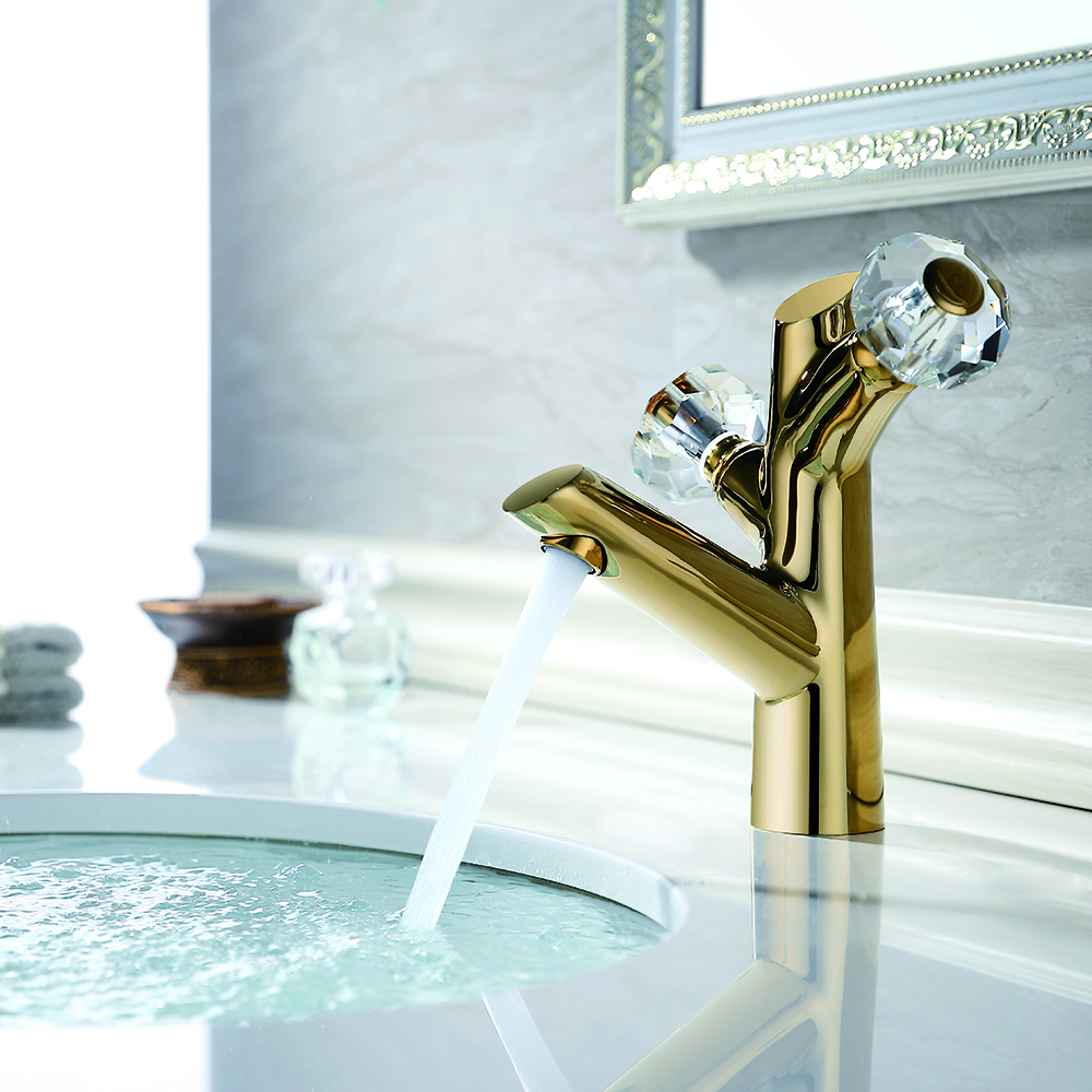 

Gold 1-Hole Sink Faucet Double Crystal Handle Stainless Steel