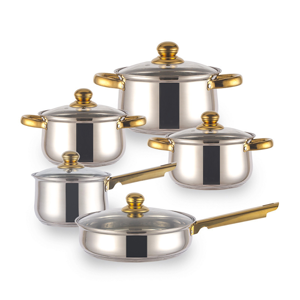 12 Pieces Stainless Steel Cookware Set with Lids and Gold Plated Handle