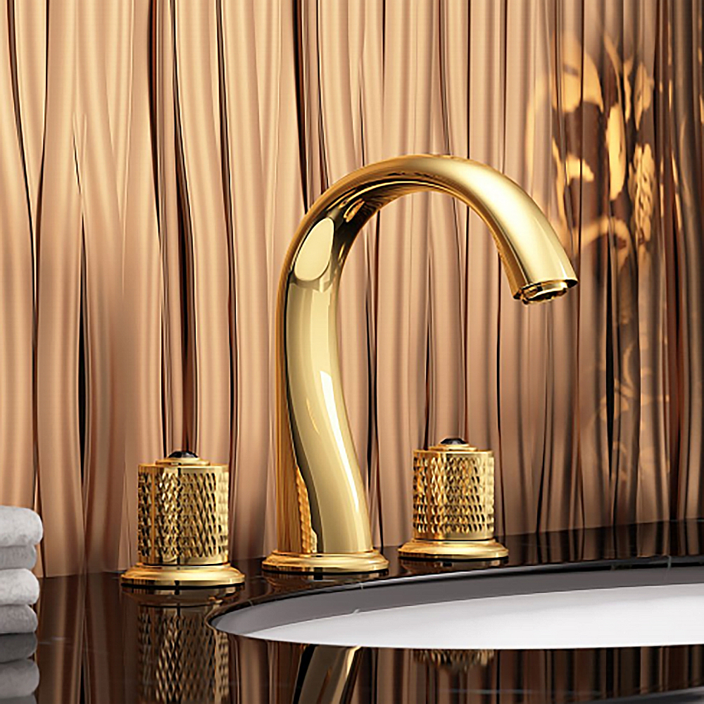 Gold Modern Bathroom Widespread Sink Faucet Double Handle Brass