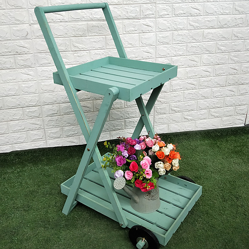 Garden Cart Solid Wood Plant Stand Flower Pot Display In Blue