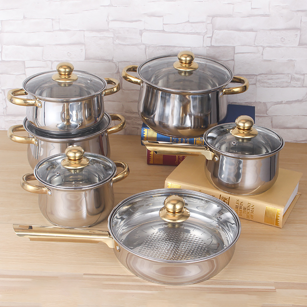 12 Pieces Stainless Steel Cookware Set with Lids and Gold Plated Handle