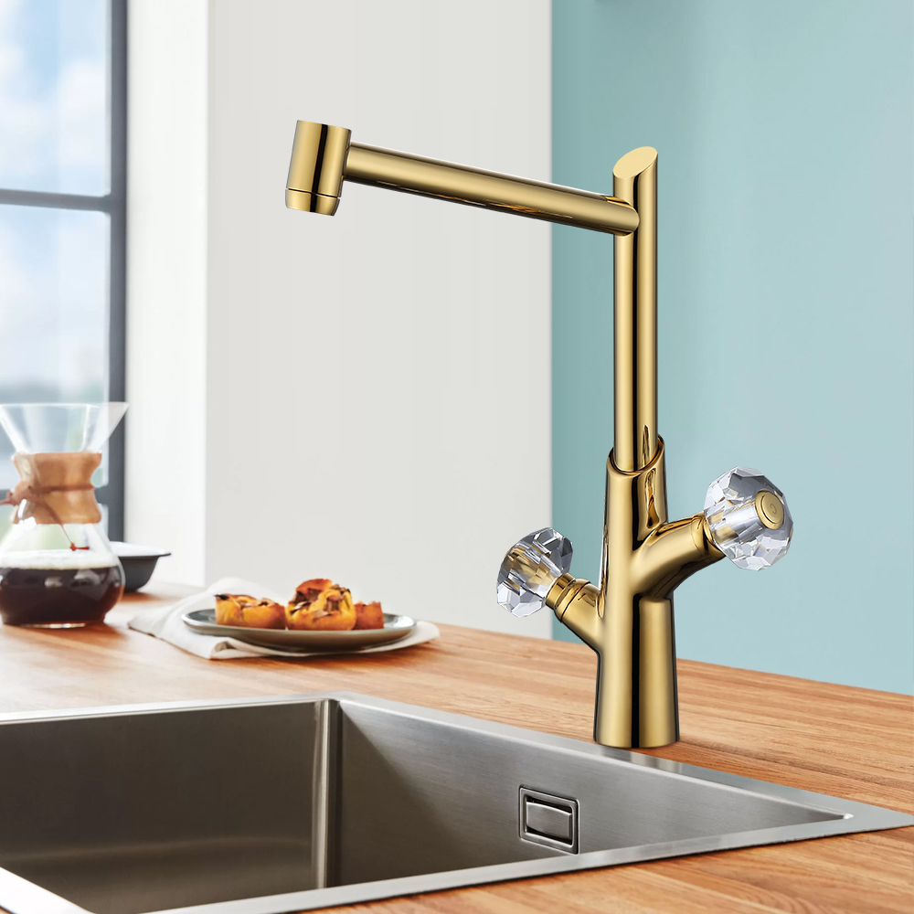 

Gold 2 Crystal Handle Kitchen Sink Faucet 1-Hole Solid Brass