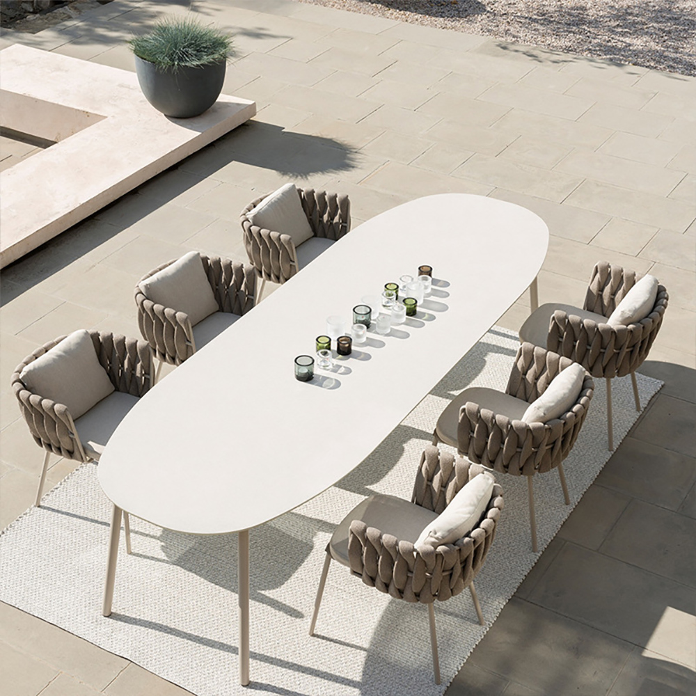 7 Pieces Outdoor Dining Set with Oval Marbletop Table and Rattan Woven