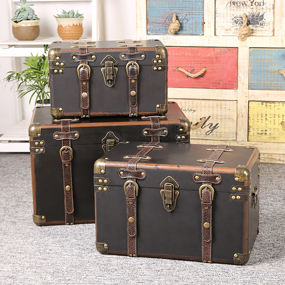 Retro Wooden Storage Box Decorative Box Set With Lock