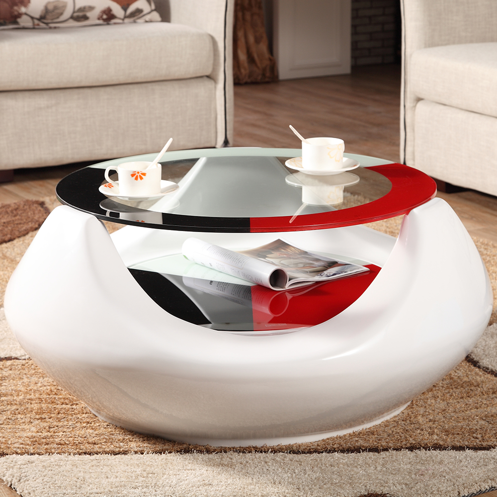 White Round Coffee Table with Storage Tempered Glass Top & Fiberglass ...