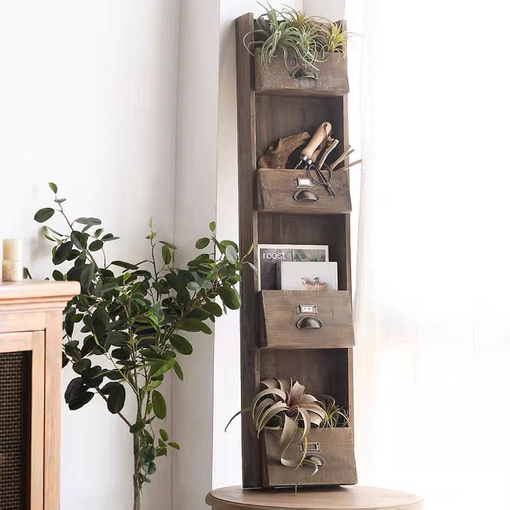 4-tier Wooden Wall Mounted Plant Stand Tools Storage Organizer