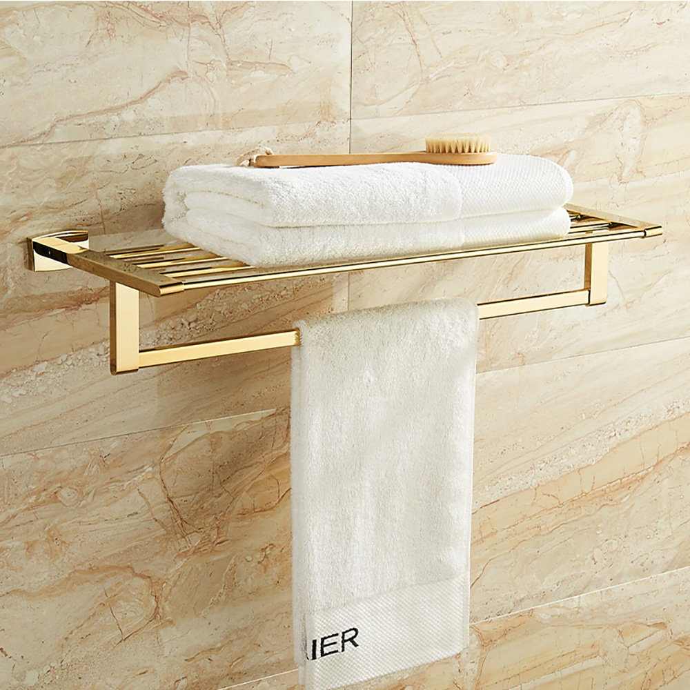 Modern Bathroom Golden Copper Towel Rack Wall Mounted Storage Shelf