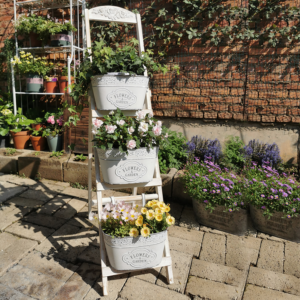 3-tier Folding Ladder Plant Stand With 3 Hanging Floral Pots